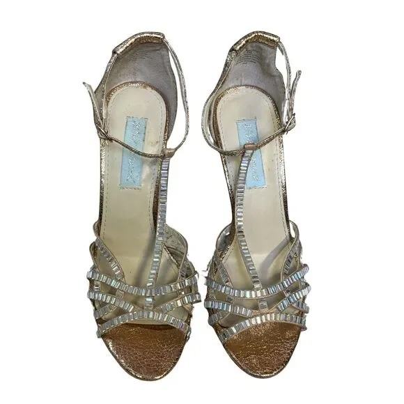 Betsey Johnson Women's High‎ Heel Shoes Sz 6 Gold Rhinestone T-Strap Dressy - Picture 3 of 11